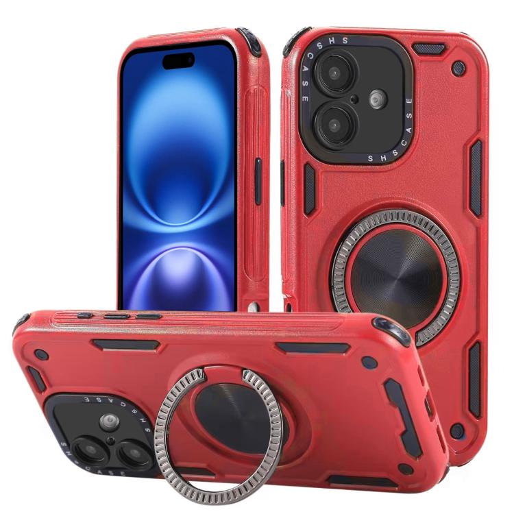 Three-core Mecha 360 Degree Rotation Magnetic Holder Phone Case – Wear-resistant, Magnetic, TPU, For iPhone 17 Pro Max, For iPhone 17 Pro, For iPhone 16 Pro Max, For iPhone 16 Pro, For iPhone 16 Plus, For iPhone 16 For iPhone 16 Plus Red