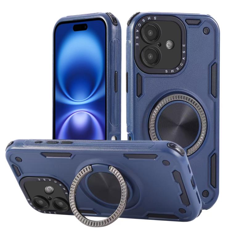 Three-core Mecha 360 Degree Rotation Magnetic Holder Phone Case – Wear-resistant, Magnetic, TPU, For iPhone 17 Pro Max, For iPhone 17 Pro, For iPhone 16 Pro Max, For iPhone 16 Pro, For iPhone 16 Plus, For iPhone 16 For iPhone 16 Plus Royal Blue