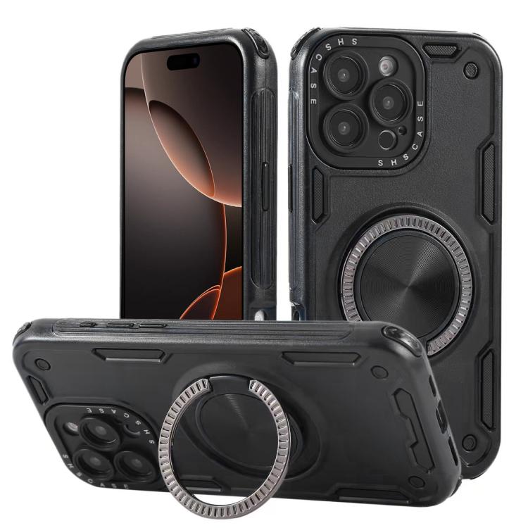 Three-core Mecha 360 Degree Rotation Magnetic Holder Phone Case – Wear-resistant, Magnetic, TPU, For iPhone 17 Pro Max, For iPhone 17 Pro, For iPhone 16 Pro Max, For iPhone 16 Pro, For iPhone 16 Plus, For iPhone 16 For iPhone 16 Pro Black