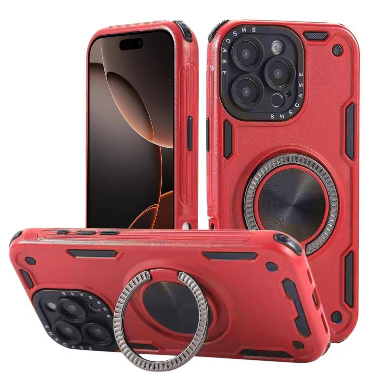 Three-core Mecha 360 Degree Rotation Magnetic Holder Phone Case – Wear-resistant, Magnetic, TPU, For iPhone 17 Pro Max, For iPhone 17 Pro, For iPhone 16 Pro Max, For iPhone 16 Pro, For iPhone 16 Plus, For iPhone 16 For iPhone 16 Pro Red