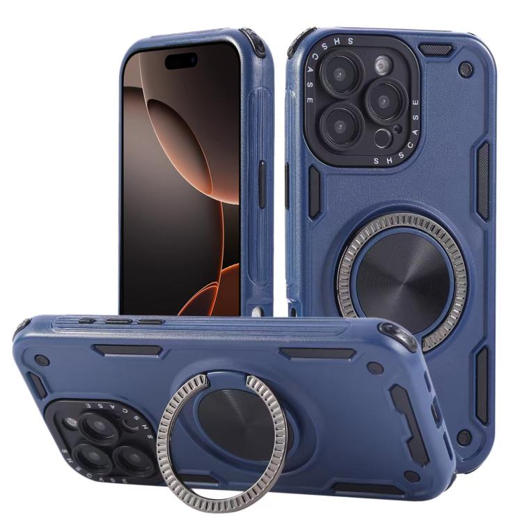 Three-core Mecha 360 Degree Rotation Magnetic Holder Phone Case – Wear-resistant, Magnetic, TPU, For iPhone 17 Pro Max, For iPhone 17 Pro, For iPhone 16 Pro Max, For iPhone 16 Pro, For iPhone 16 Plus, For iPhone 16 For iPhone 16 Pro Max Royal Blue
