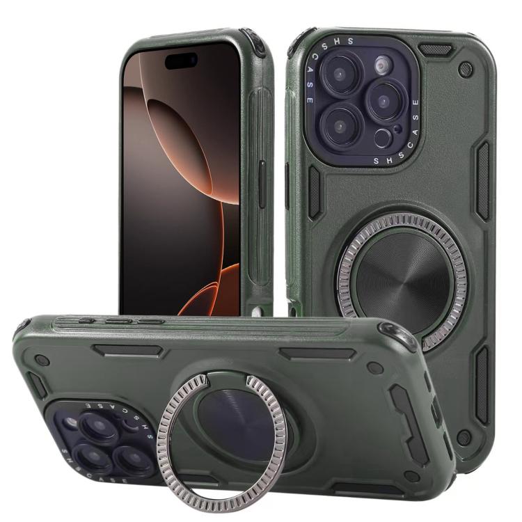 Three-core Mecha 360 Degree Rotation Magnetic Holder Phone Case – Wear-resistant, Magnetic, TPU, For iPhone 17 Pro Max, For iPhone 17 Pro, For iPhone 16 Pro Max, For iPhone 16 Pro, For iPhone 16 Plus, For iPhone 16 For iPhone 16 Pro Max Army Green
