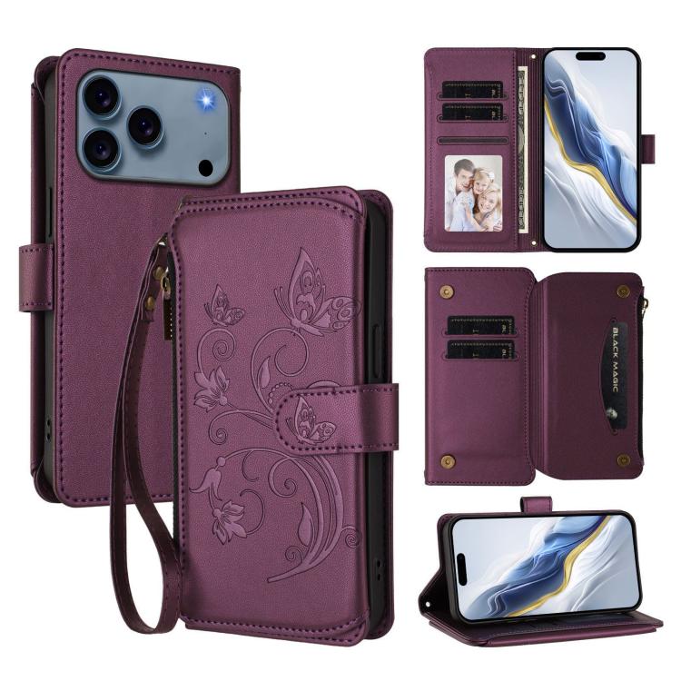 Butterfly Love Flower Multi-card Zipper Wallet Leather Phone Case – Wear-resistant, Card Slot, Leather, For iPhone 17e / 16e, For iPhone 17 Pro Max, For iPhone 17 Pro For iPhone 18 Pro Max 17 Pro Max Dark Purple