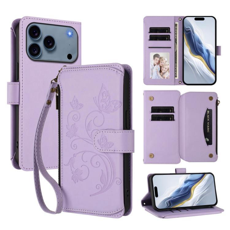 Butterfly Love Flower Multi-card Zipper Wallet Leather Phone Case – Wear-resistant, Card Slot, Leather, For iPhone 17e / 16e, For iPhone 17 Pro Max, For iPhone 17 Pro For iPhone 18 Pro Max 17 Pro Max Light Purple