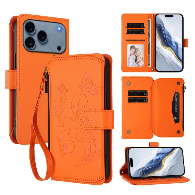 Butterfly Love Flower Multi-card Zipper Wallet Leather Phone Case – Wear-resistant, Card Slot, Leather, For iPhone 17e / 16e, For iPhone 17 Pro Max, For iPhone 17 Pro For iPhone 18 Pro 17 Pro Orange