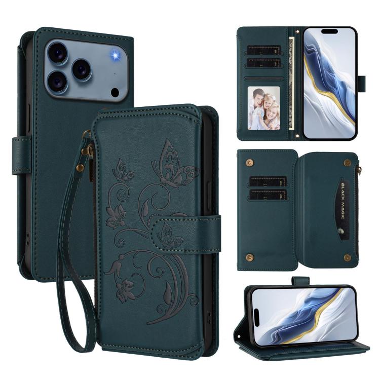 Butterfly Love Flower Multi-card Zipper Wallet Leather Phone Case – Wear-resistant, Card Slot, Leather, For iPhone 17e / 16e, For iPhone 17 Pro Max, For iPhone 17 Pro For iPhone 18 Pro 17 Pro Dark Green