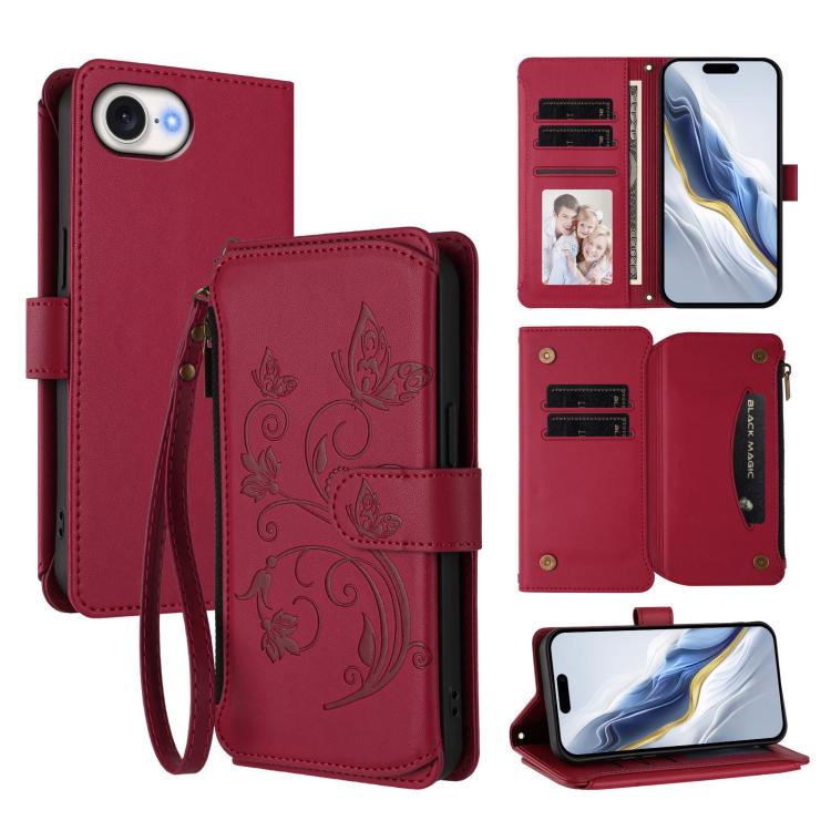 Butterfly Love Flower Multi-card Zipper Wallet Leather Phone Case – Wear-resistant, Card Slot, Leather, For iPhone 17e / 16e, For iPhone 17 Pro Max, For iPhone 17 Pro For iPhone 17e 16e Wine Red