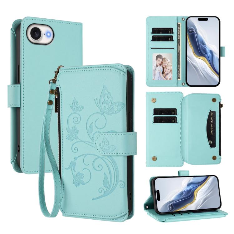 Butterfly Love Flower Multi-card Zipper Wallet Leather Phone Case – Wear-resistant, Card Slot, Leather, For iPhone 17e / 16e, For iPhone 17 Pro Max, For iPhone 17 Pro For iPhone 17e 16e Mint Green