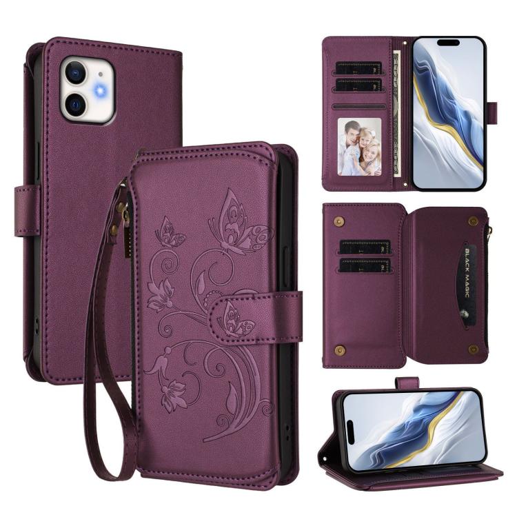 Butterfly Love Flower Multi-card Zipper Wallet Leather Phone Case – Wear-resistant, Card Slot, Leather, For iPhone 12 / 12 Pro, For iPhone 12 Pro Max, For iPhone 12 mini For iPhone 12 12 Pro Dark Purple