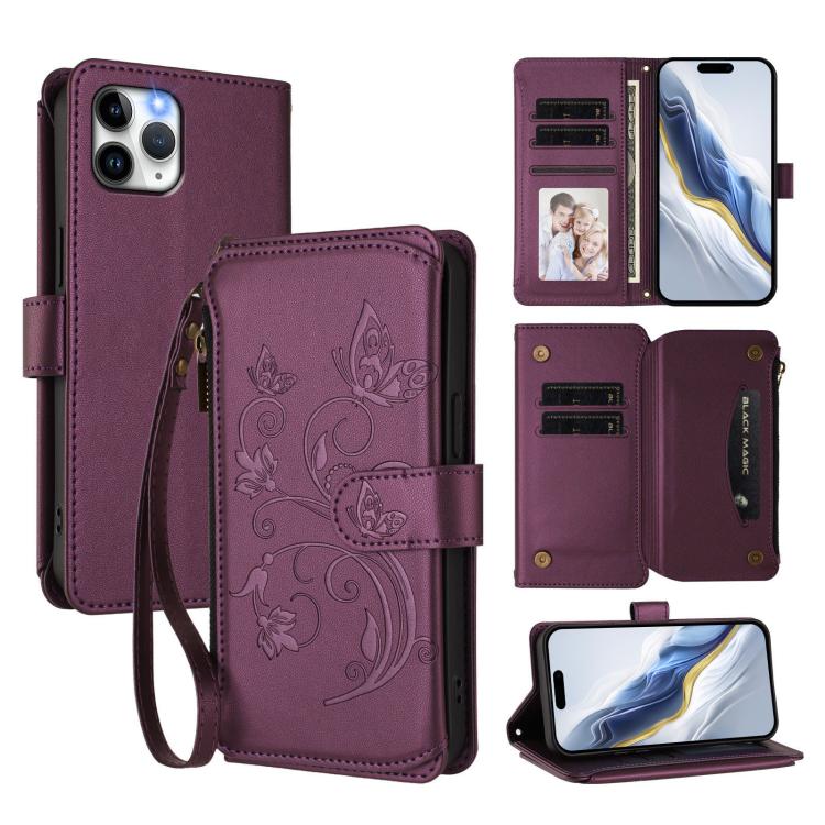 Butterfly Love Flower Multi-card Zipper Wallet Leather Phone Case, For iPhone 11 Pro Max, For iPhone 11, For iPhone 11 Pro For iPhone 11 Pro Max Dark Purple