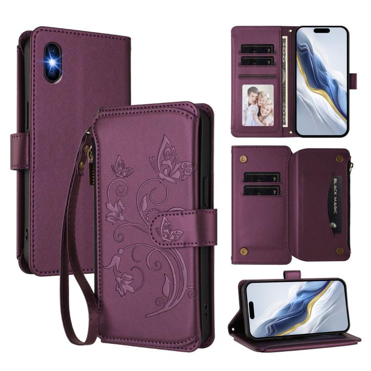 Butterfly Love Flower Multi-card Zipper Wallet Leather Phone Case, For iPhone X / XS, For iPhone XR, For iPhone XS Max For iPhone X XS Dark Purple