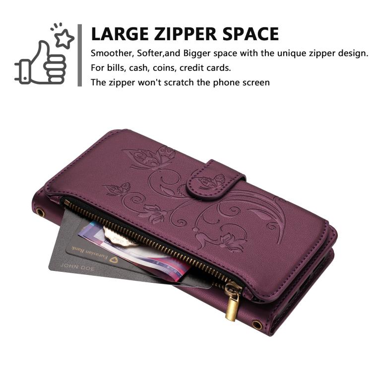 Butterfly Love Flower Multi-card Zipper Wallet Leather Phone Case – Wear-resistant, Card Slot, Leather, For iPhone 7 Plus / 8 Plus