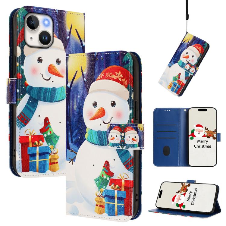 Christmas Series Buckle Leather Phone Case with Hand Strap, For iPhone 15, For iPhone 14 Plus, For iPhone 14 / 13, For iPhone 14 Pro For iPhone 15 Gift Box Snowman