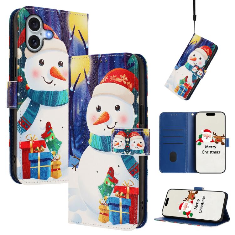 Christmas Series Buckle Leather Phone Case with Hand Strap, For iPhone 16, For iPhone 15 Pro Max, For iPhone 15 Pro, For iPhone 15 Plus For iPhone 16 Gift Box Snowman