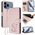 Embossed Heart Cat Leather Phone Case with Hand Strap, For iPhone 17 Pro, For iPhone 17 For iPhone 17 Pro Pink