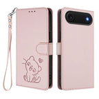 Embossed Heart Cat Leather Phone Case with Hand Strap, For iPhone Air, For iPhone 16 Pro Max