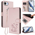 Embossed Heart Cat Leather Phone Case with Hand Strap – Wear-resistant, Card Slot, Leather, For iPhone 17e / 16e, For iPhone 17 Pro Max For iPhone 17e 16e Pink