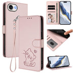 Embossed Heart Cat Leather Phone Case with Hand Strap – Wear-resistant, Card Slot, Leather, For iPhone 17e / 16e, For iPhone 17 Pro Max For iPhone 17e 16e Pink
