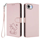 Embossed Heart Cat Leather Phone Case with Hand Strap – Wear-resistant, Card Slot, Leather, For iPhone 17e / 16e, For iPhone 17 Pro Max