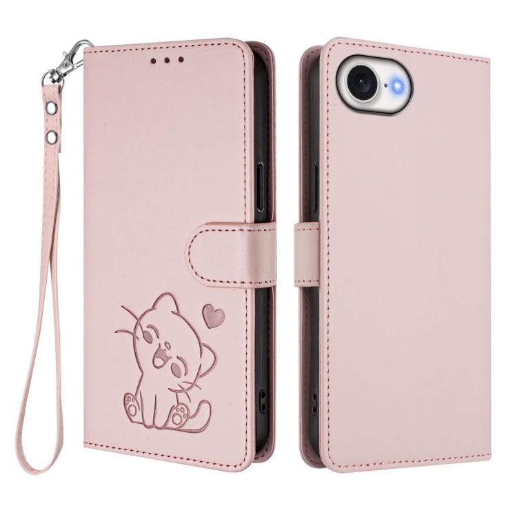 Embossed Heart Cat Leather Phone Case with Hand Strap – Wear-resistant, Card Slot, Leather, For iPhone 17e / 16e, For iPhone 17 Pro Max