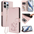 Embossed Heart Cat Leather Phone Case with Hand Strap, For iPhone 16 Pro, For iPhone 16 Plus For iPhone 16 Pro Pink