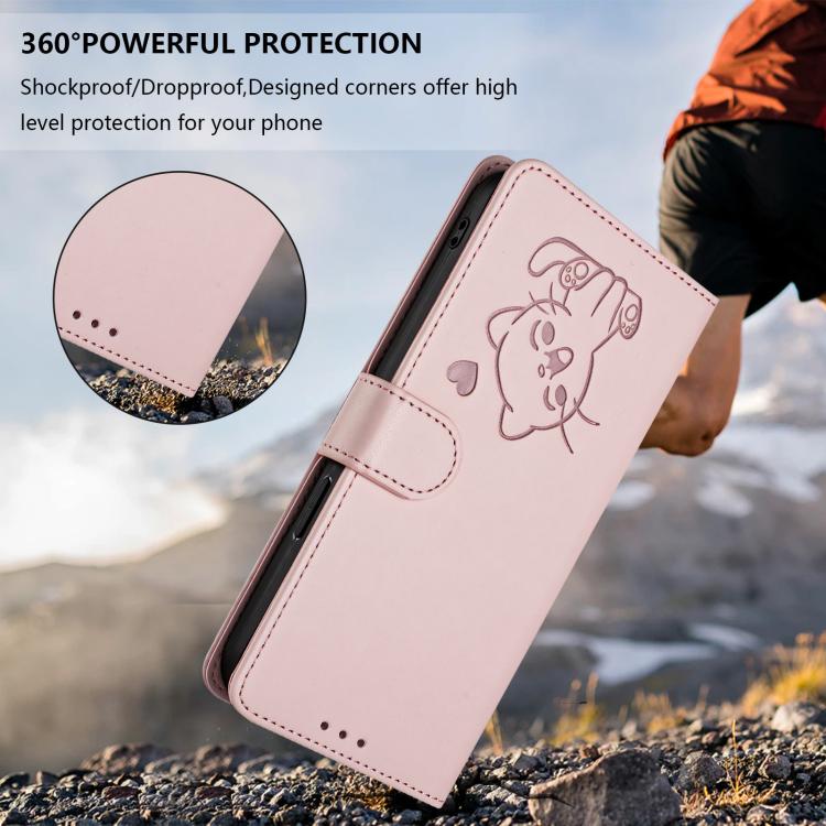 Embossed Heart Cat Leather Phone Case with Hand Strap, For iPhone 16 Pro, For iPhone 16 Plus