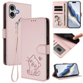 Embossed Heart Cat Leather Phone Case with Hand Strap, For iPhone 16, For iPhone 15 Pro Max For iPhone 16 Pink