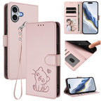 Embossed Heart Cat Leather Phone Case with Hand Strap, For iPhone 16, For iPhone 15 Pro Max For iPhone 16 Pink