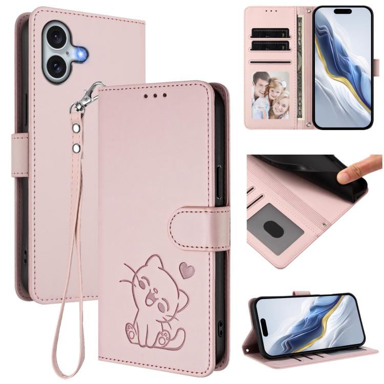 Embossed Heart Cat Leather Phone Case with Hand Strap, For iPhone 16, For iPhone 15 Pro Max For iPhone 16 Pink