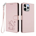 Embossed Heart Cat Leather Phone Case with Hand Strap, For iPhone 15 Pro, For iPhone 15 Plus