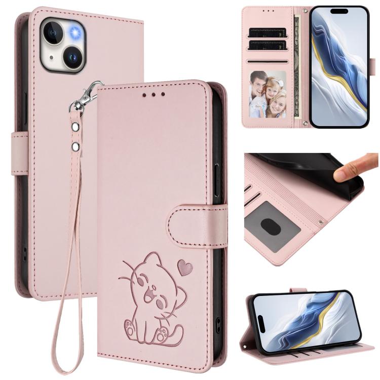 Embossed Heart Cat Leather Phone Case with Hand Strap, For iPhone 14 / 13, For iPhone 14 Pro For iPhone 14 13 Pink