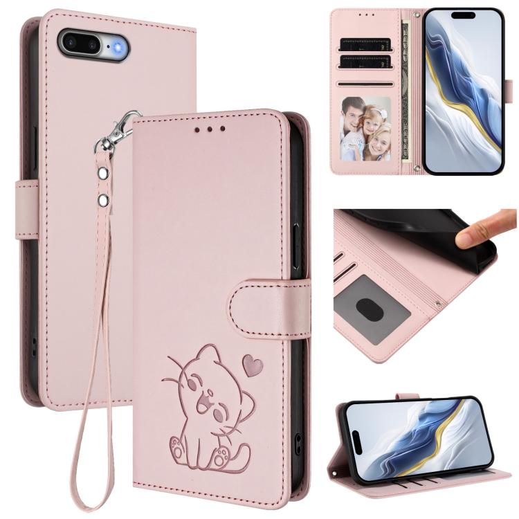 Embossed Heart Cat Leather Phone Case with Hand Strap, For iPhone 7 Plus / 8 Plus For iPhone 7 Plus 8 Plus Pink