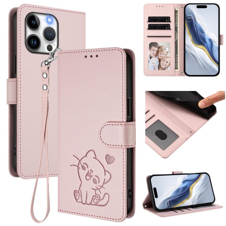Embossed Heart Cat Leather Phone Case with Hand Strap, For iPhone 14 Pro Max, For iPhone 7 / 8 / SE 2022 For iPhone 14 Pro Max Pink