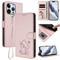 Embossed Heart Cat Leather Phone Case with Hand Strap, For iPhone 13 Pro Max, For iPhone 13 Pro For iPhone 13 Pro Max Pink