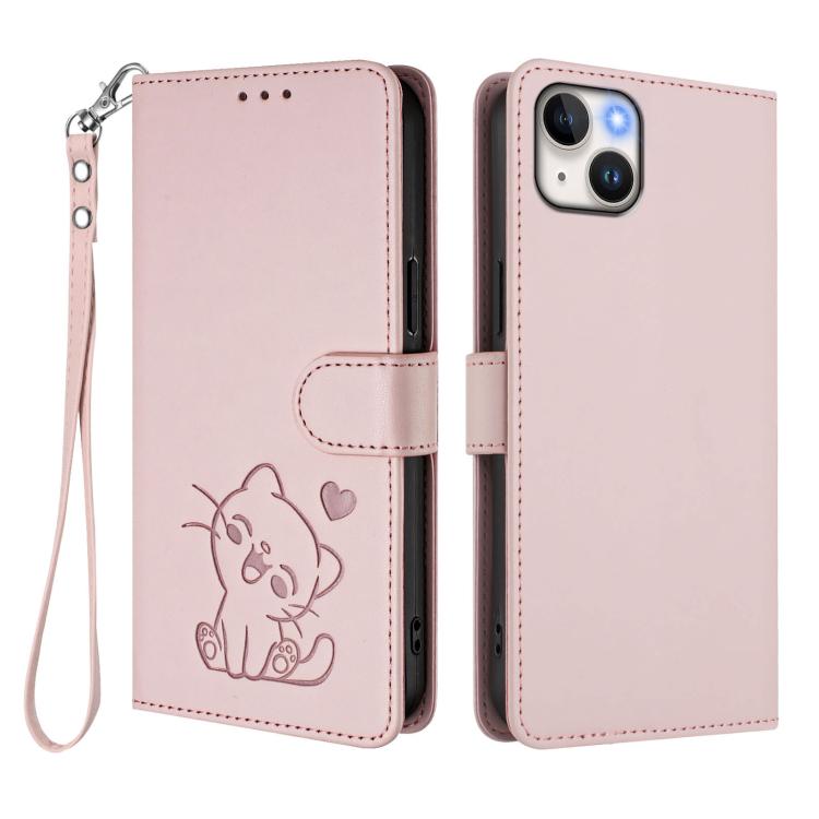 Embossed Heart Cat Leather Phone Case with Hand Strap, For iPhone 13 mini, For iPhone 12 / 12 Pro