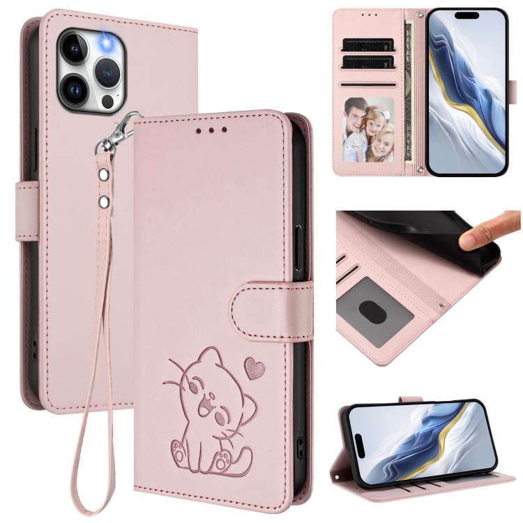 Embossed Heart Cat Leather Phone Case with Hand Strap, For iPhone 12 Pro Max, For iPhone 12 mini For iPhone 12 Pro Max Pink