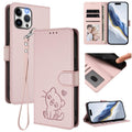 Embossed Heart Cat Leather Phone Case with Hand Strap, For iPhone 12 Pro Max, For iPhone 12 mini For iPhone 12 Pro Max Pink