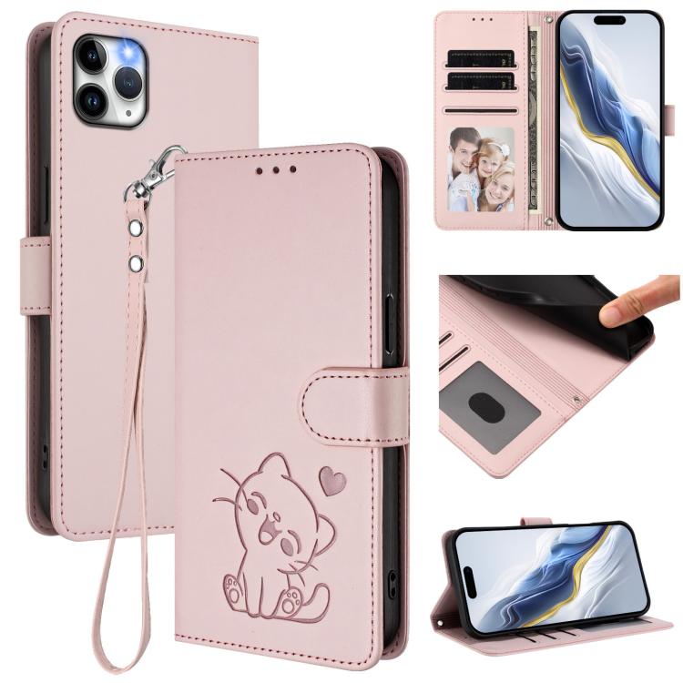 Embossed Heart Cat Leather Phone Case with Hand Strap, For iPhone 11 Pro Max, For iPhone 11 For iPhone 11 Pro Max Pink