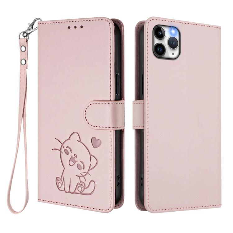 Embossed Heart Cat Leather Phone Case with Hand Strap, For iPhone 11 Pro, For iPhone X / XS