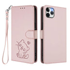 Embossed Heart Cat Leather Phone Case with Hand Strap, For iPhone 11 Pro, For iPhone X / XS