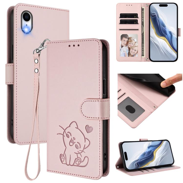 Embossed Heart Cat Leather Phone Case with Hand Strap, For iPhone XR, For iPhone XS Max For iPhone XR Pink