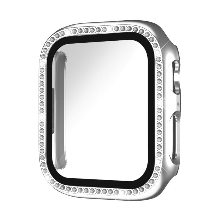 Single Row Diamond Tempered Glass Film Integrated PC Watch Case – Wear-resistant, Tempered Glass, For Apple Watch Ultra 3 / 2 / 1 49mm, For Apple Watch Series 9 / 8 / 7 45mm