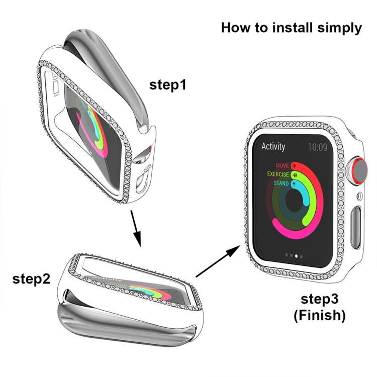Single Row Diamond Tempered Glass Film Integrated PC Watch Case – Wear-resistant, Tempered Glass, For Apple Watch Ultra 3 / 2 / 1 49mm, For Apple Watch Series 9 / 8 / 7 45mm