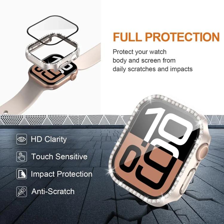 Single Row Diamond Tempered Glass Film Integrated PC Watch Case – Wear-resistant, Tempered Glass, For Apple Watch Series 11 46mm / 10 46mm, For Apple Watch Series 11 42mm / 10 42mm