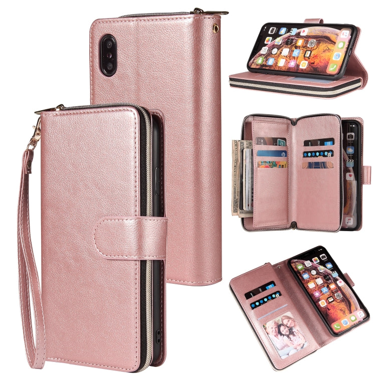 Zipper Wallet Bag Horizontal Flip PU Leather Case with Holder & 9 Card Slots & Wallet & Lanyard & Photo Frame, For iPhone XR, For iPhone XS Max For iPhone XR Rose Gold