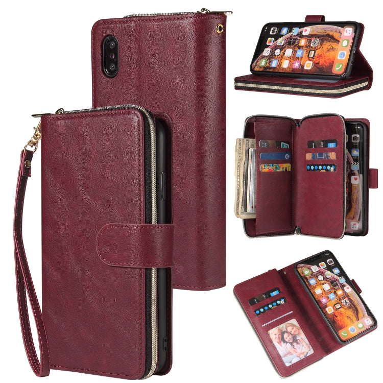 Zipper Wallet Bag Horizontal Flip PU Leather Case with Holder & 9 Card Slots & Wallet & Lanyard & Photo Frame – Lanyard, Card Slot, Flip, For iPhone XR, For iPhone XS Max For iPhone XR Wine Red