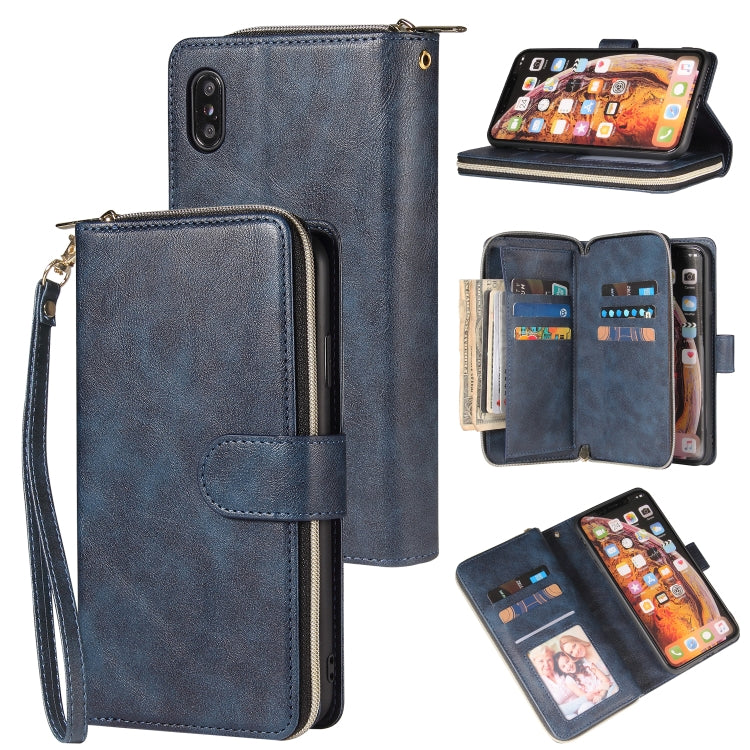 Zipper Wallet Bag Horizontal Flip PU Leather Case with Holder & 9 Card Slots & Wallet & Lanyard & Photo Frame – Lanyard, Card Slot, Flip, For iPhone XR, For iPhone XS Max For iPhone XR Blue