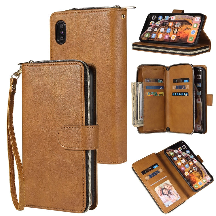 Zipper Wallet Bag Horizontal Flip PU Leather Case with Holder & 9 Card Slots & Wallet & Lanyard & Photo Frame – Lanyard, Card Slot, Flip, For iPhone XR, For iPhone XS Max For iPhone XR Brown