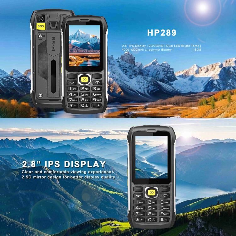 HP289 4G IP68 Rugged Phone, 2.8 inch, 4500mAh Battery, Network: 4G, BT, FM, SOS, Torch, EU Plug, US Plug, UK Plug, AU Plug – Shockproof, Waterproof, TPU