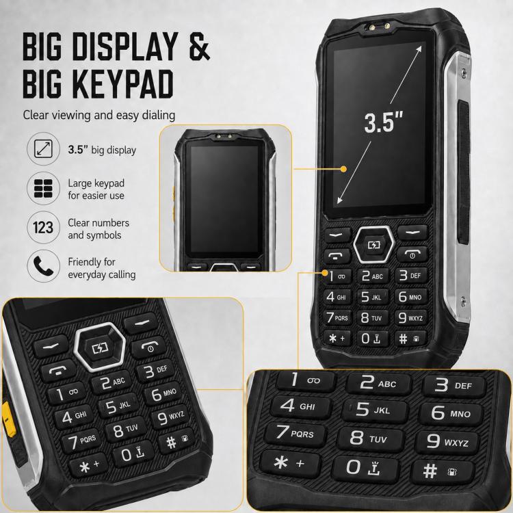 HP336 4G IP68 Rugged Phone, 3.5 inch, 4500mAh Battery, Network: 4G, BT, FM, SOS, Torch, EU Plug, US Plug, UK Plug – Shockproof, Waterproof, TPU